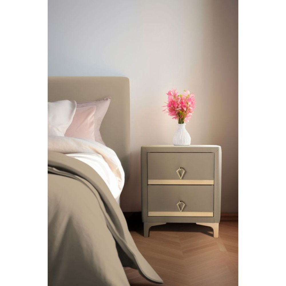 Gazzini Furniture Doppia Linea Gold Iki Çekmeceli Bej Komodin- Kumaş Döşemeli Yatak Odası 2 Çekmeceli Komodin Modeli Komidin Fiyatı