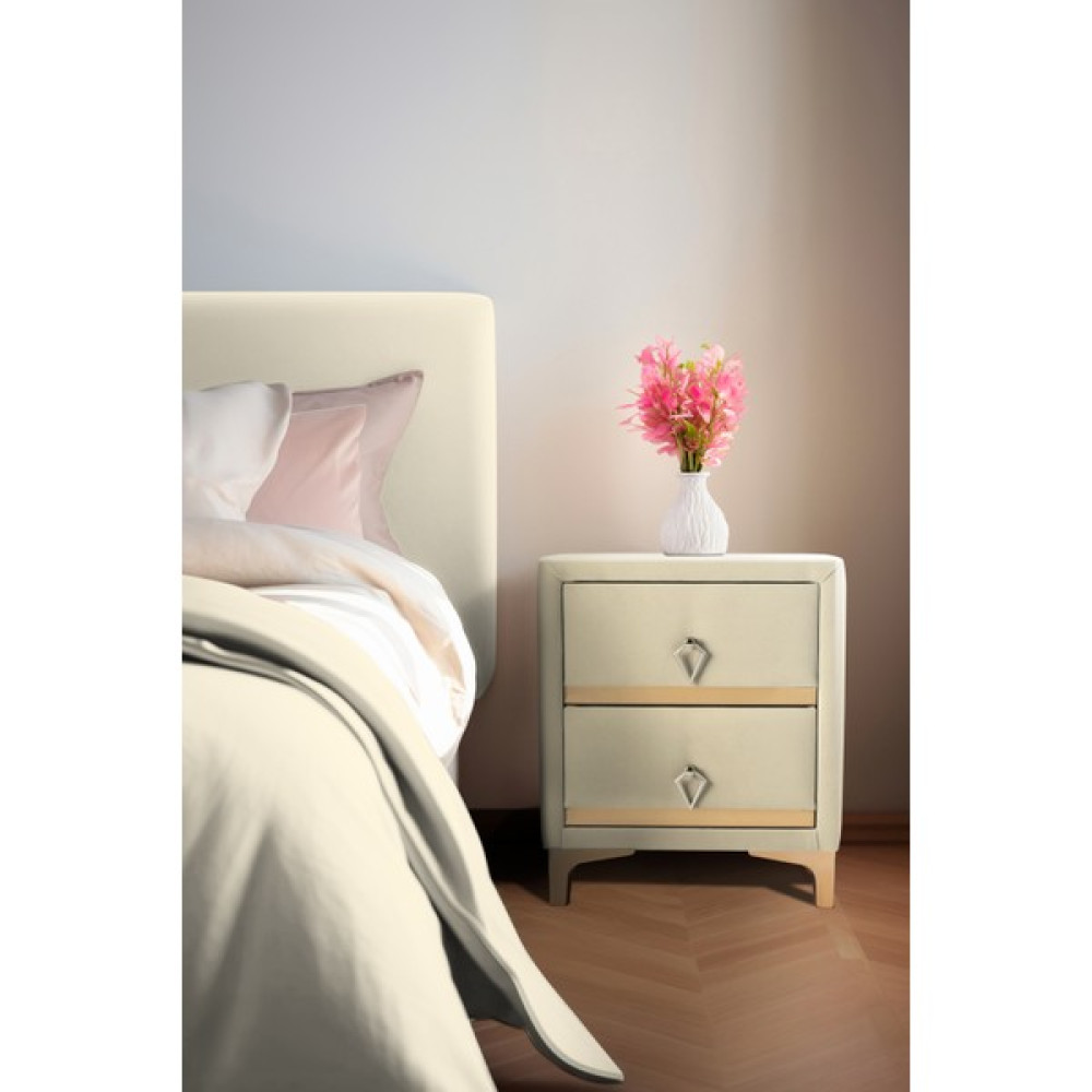 Gazzini Furniture Doppia Linea Gold Iki Çekmeceli Beyaz Komodin- Kumaş Döşemeli Yatak Odası 2 Çekmeceli Komodin Modeli Komidin Fiyatı