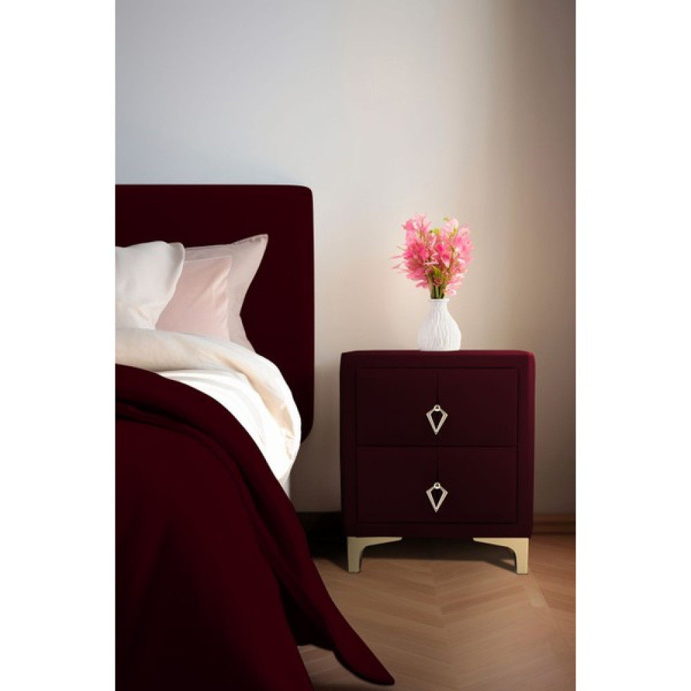 Gazzini Furniture Harmony Gold Iki Çekmeceli Komodin- Yatak Odası Kumaş Döşemeli 2 Kapaklı Komodin Modeli Bordo Komidin Fiyatı