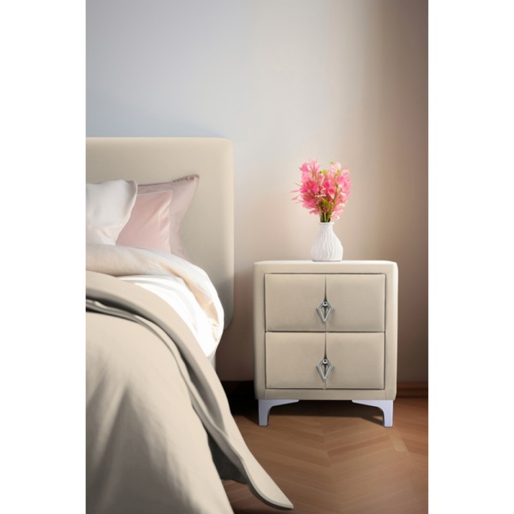 Gazzini Furniture Harmony Silver Iki Çekmeceli Komodin- Yatak Odası Kumaş Döşemeli 2 Kapaklı Komodin Modeli Krem Komidin Fiyatı