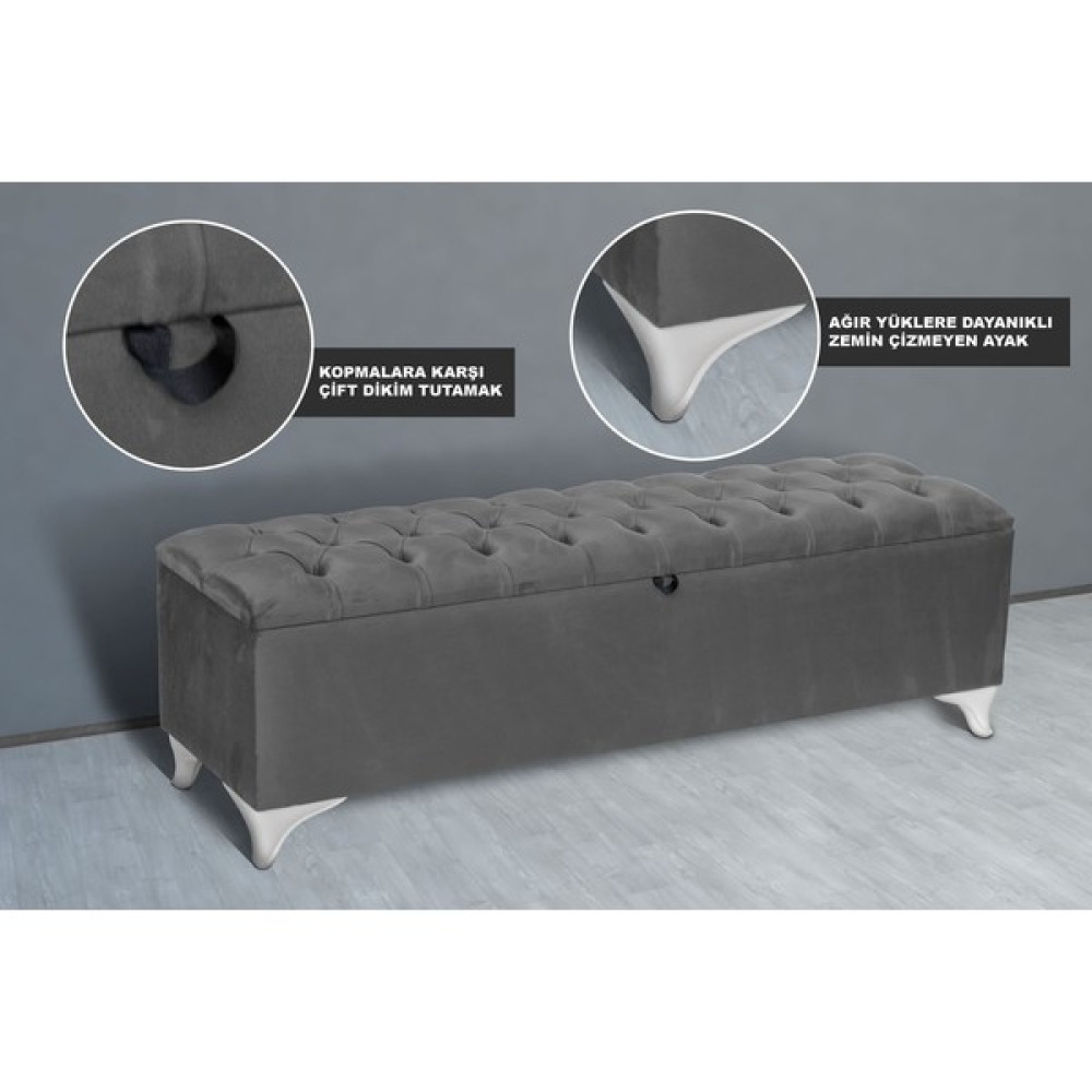 Gazzini Furniture Vetra Chester Model Açık Gri Sandıklı Puf - Kapitoneli Model 140CM Sandıklı Bank - 40 x 140cm Puf Fiyatı
