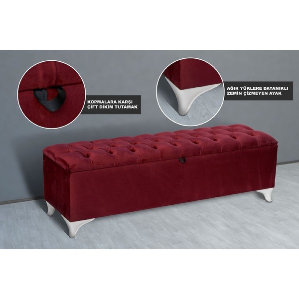 Gazzini Furniture Vetra Chester Model Bordo Sandıklı Puf - Kapitoneli Model 140CM Sandıklı Bank - 40 x 140cm Puf Fiyatı