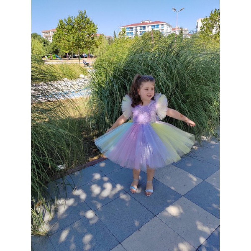 GÇ Kids Kız Çocuk Lila Gökkuşağı Renklerinde Tütü Elbise Kız Çocuk Elbise Fiyatı
