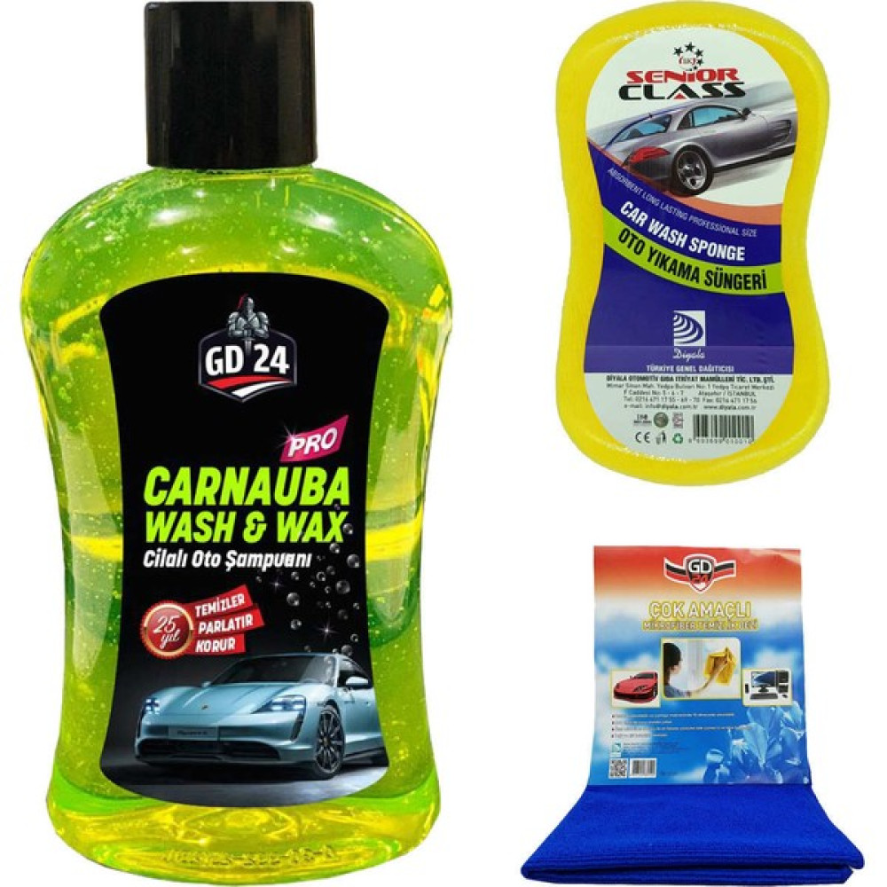 GD24 Carnauba Cilalı Oto Şampuanı (1 Lt) + Mikrofiber Bez + Sünger Oto Yıkama Ürünleri Fiyatı