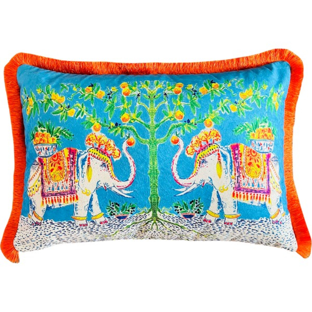 Ge Living Dekoratif Fil Desenli Kırlent - Suluboya Turkuaz Kadife Yastık Kılıfı - 40 x 60 cm - Turkuaz - Turuncu Kırlent / Mobilya Yastığı Fiyatı