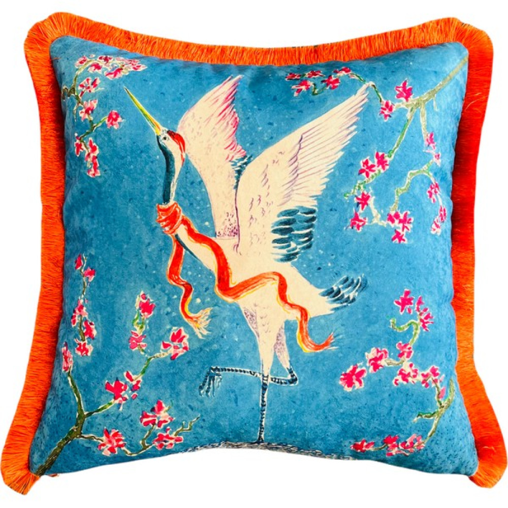 Ge Living Dekoratif Turna Kuş Desenli Kırlent - Özel Tasarım Açık Mavi Kadife Yastık Kılıfı - 45 x 45 cm - Mavi - Turuncu Kırlent / Mobilya Yastığı Fiyatı