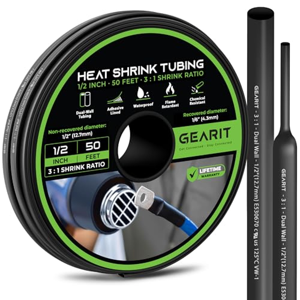 GEARit 1/2 inch Heat Shrink Tubing - 3:1 Ratio Adhesive Lined, Marine-Grade Waterproof Industrial Shrink Wrap, Dual-Wall Tubing, UL Approved - 50FT Roll - Black