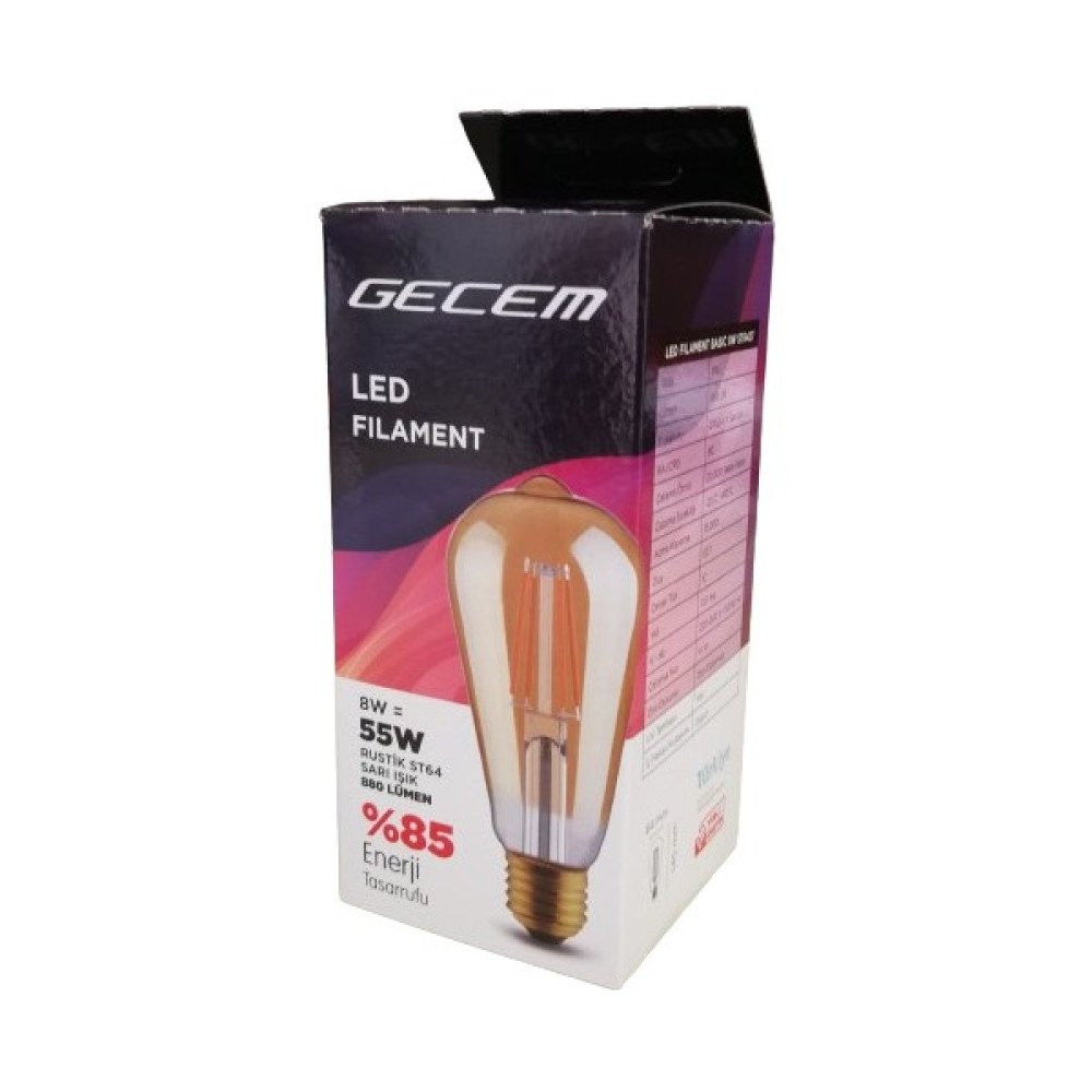 Gecem 8W Rustik LED Fılament Ampul ST64 Sarı Işık 2700K 880 Lümen 3 Lü Paket - Amber - 8 W Tasarruflu Ampul Fiyatı