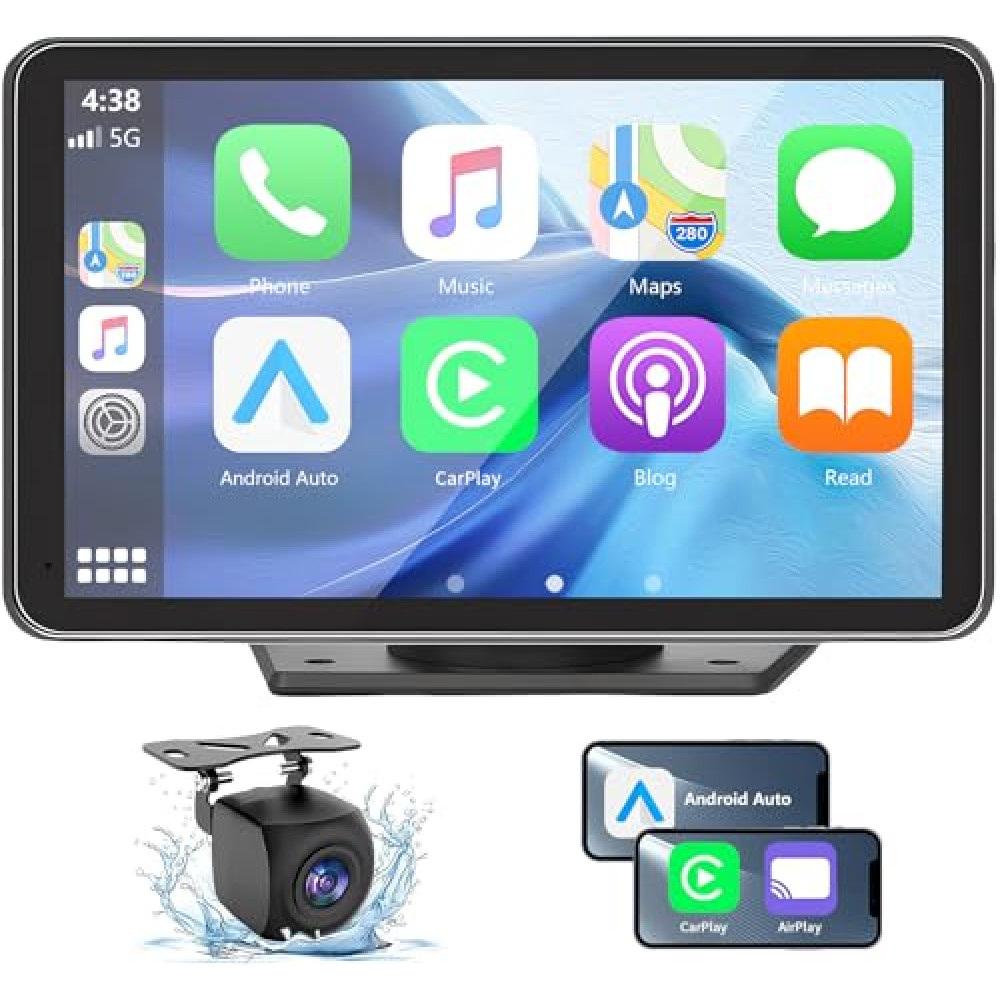 Gegaibe Wireless Car Stereo with Apple CarPlay/Android Auto, Portable Touch Screen Car Radio Multimedia Player with Bluetooth, Backup Camera, Navigation, Mirror Link for All Vehicles