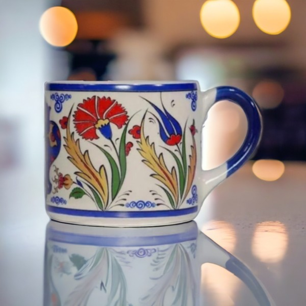 Geleneksel Lacivert Lale ve Menekşe Çizim El Yapımı Doğal Seramik Kupa - Çay / Kahve Fincanı 200 ml. Fincan / Bardak / Kahve Takımı Fiyatı