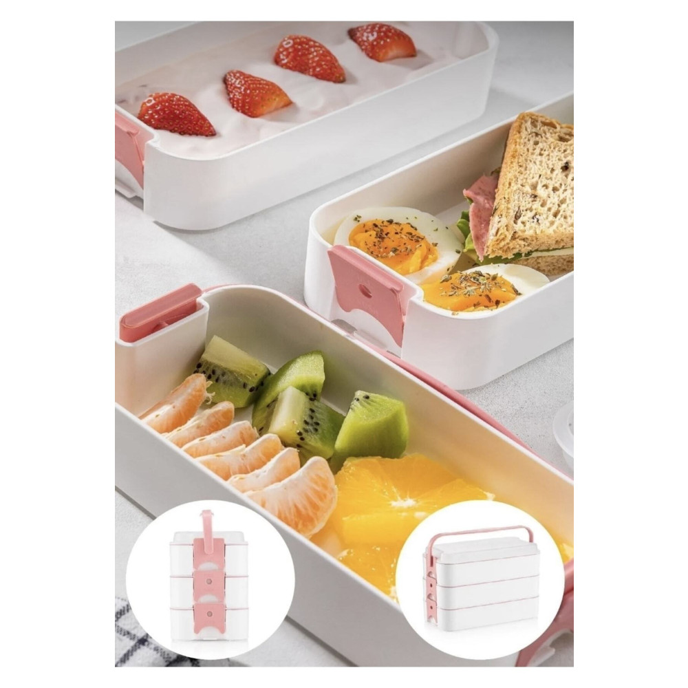GELİNHOMES 3 Katlı Taşınabilir Yemek Kabı – Lunch Box - Diyet Beslenme Saklama Kabı Çatal Kaşıklı Pembe Saklama Kapları Fiyatı