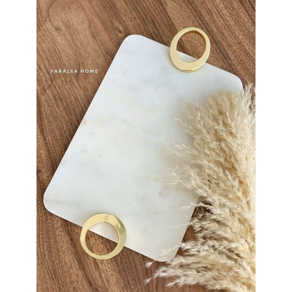 Gemboss Doğal Mermer Gold Kulplu Tepsi 30X20 cm - 1 Adet Servis Tepsisi Fiyatı