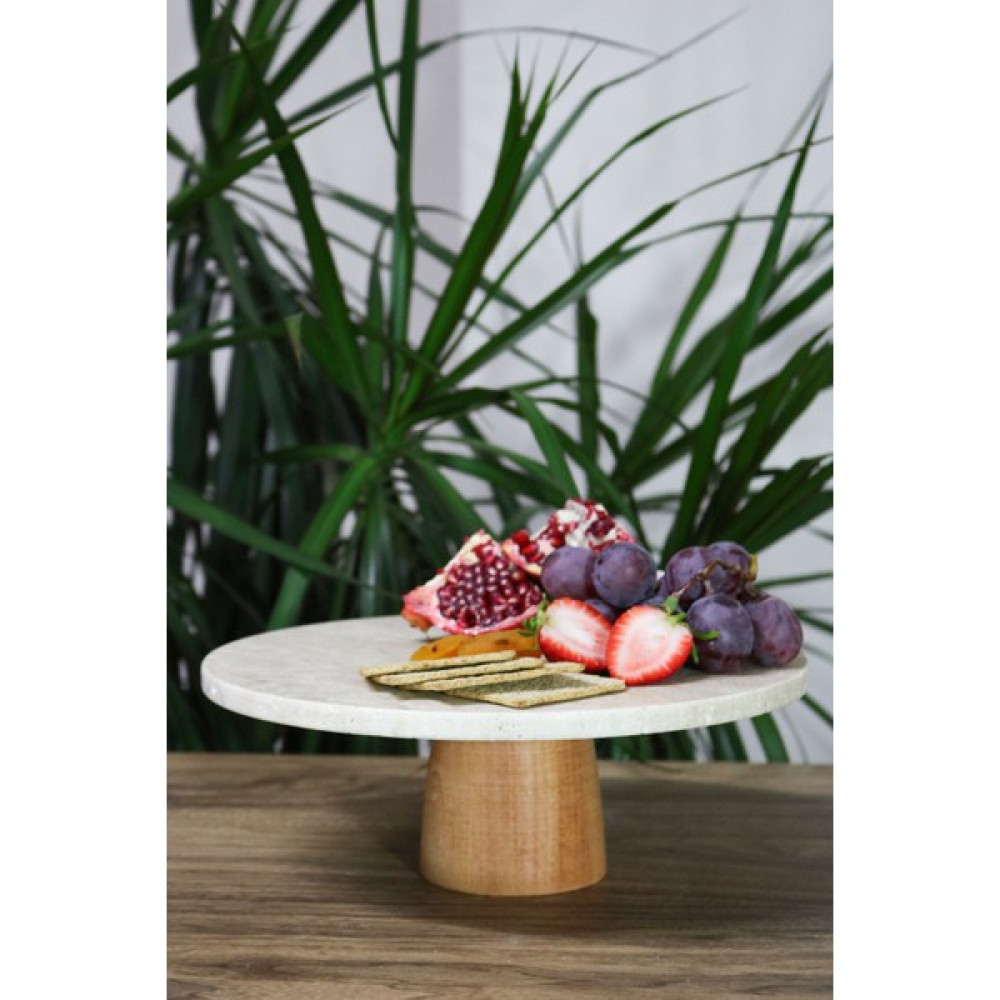 Gemboss Doğal Mermer Pasta Kek Standı , Ahşap Ayaklı Kek Standı,mermer Sunumluk, Mermer Peynir Tabağı 28 cm - Krem Servis Tepsisi Fiyatı