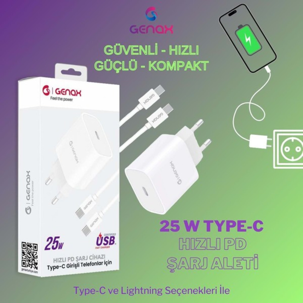 Genax GNX011 Type-C Pd Şarj Set 25W - Siyah Bilgisayar Çevirici ve Adaptörü Fiyatı