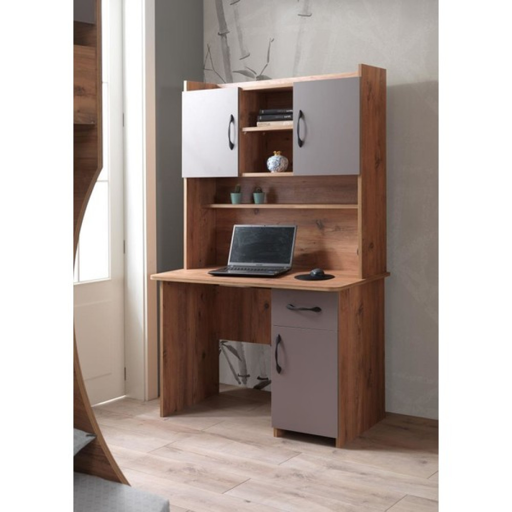 Genç Odası Kitaplıklı Dolaplı Çalışma Masası 110x60x177cm - Y: 121 cm D: 59 cm G: 121 cm - Gri Çalışma Masası Fiyatı