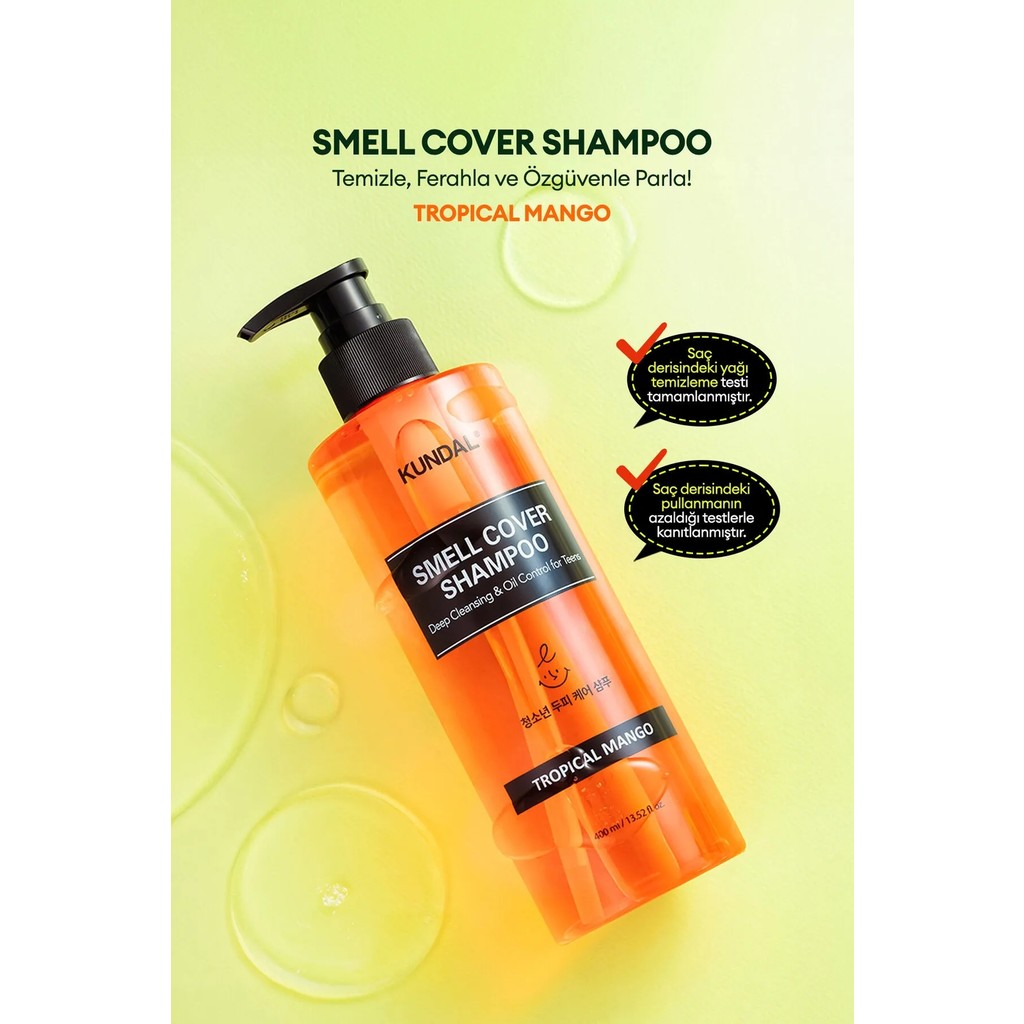 Gençler İçin Sebum Dengeleyici Bakım Şampuanı KUNDAL Smell Cover Shampoo 400ml (Tropical Mango) Şampuan ve Saç Kremi Fiyatı