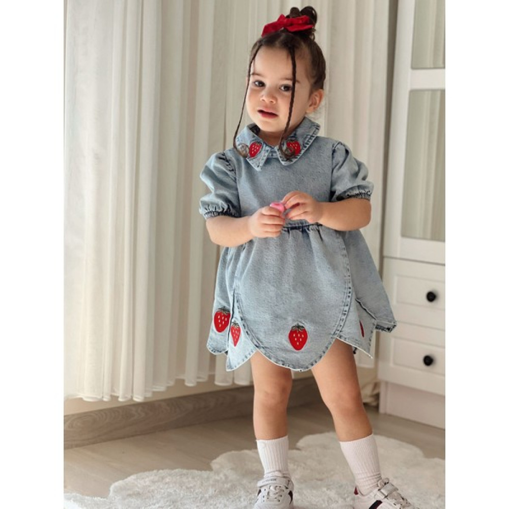 Genco Çilekli Kız Çocuk Bebek Kot Elbise TSRM225 Kız Çocuk Elbise Fiyatı