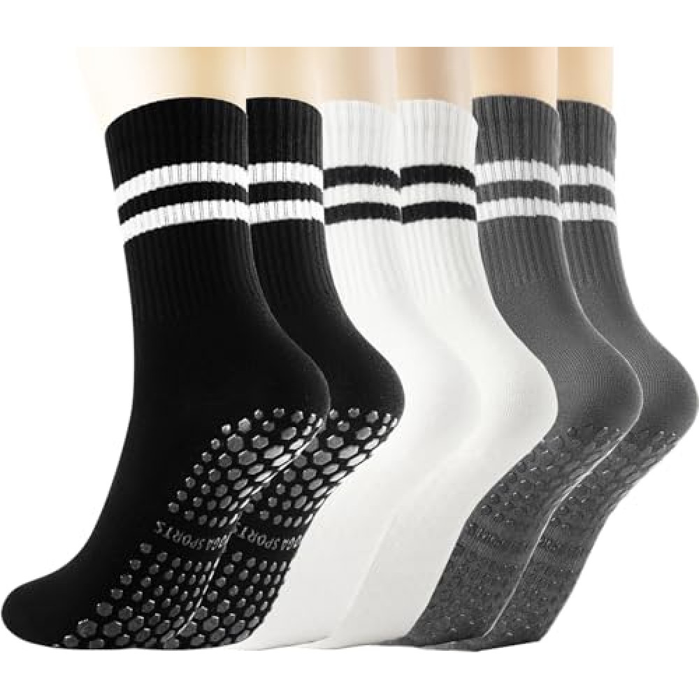 Gendewiner 3 Pairs Black White Gray Non Slip Yoga Cotton Grip Pilates Socks for Women&Men Anti Slipper Grippy Socks for Ballet, Hospital, Dance, Trampoline, Barre
