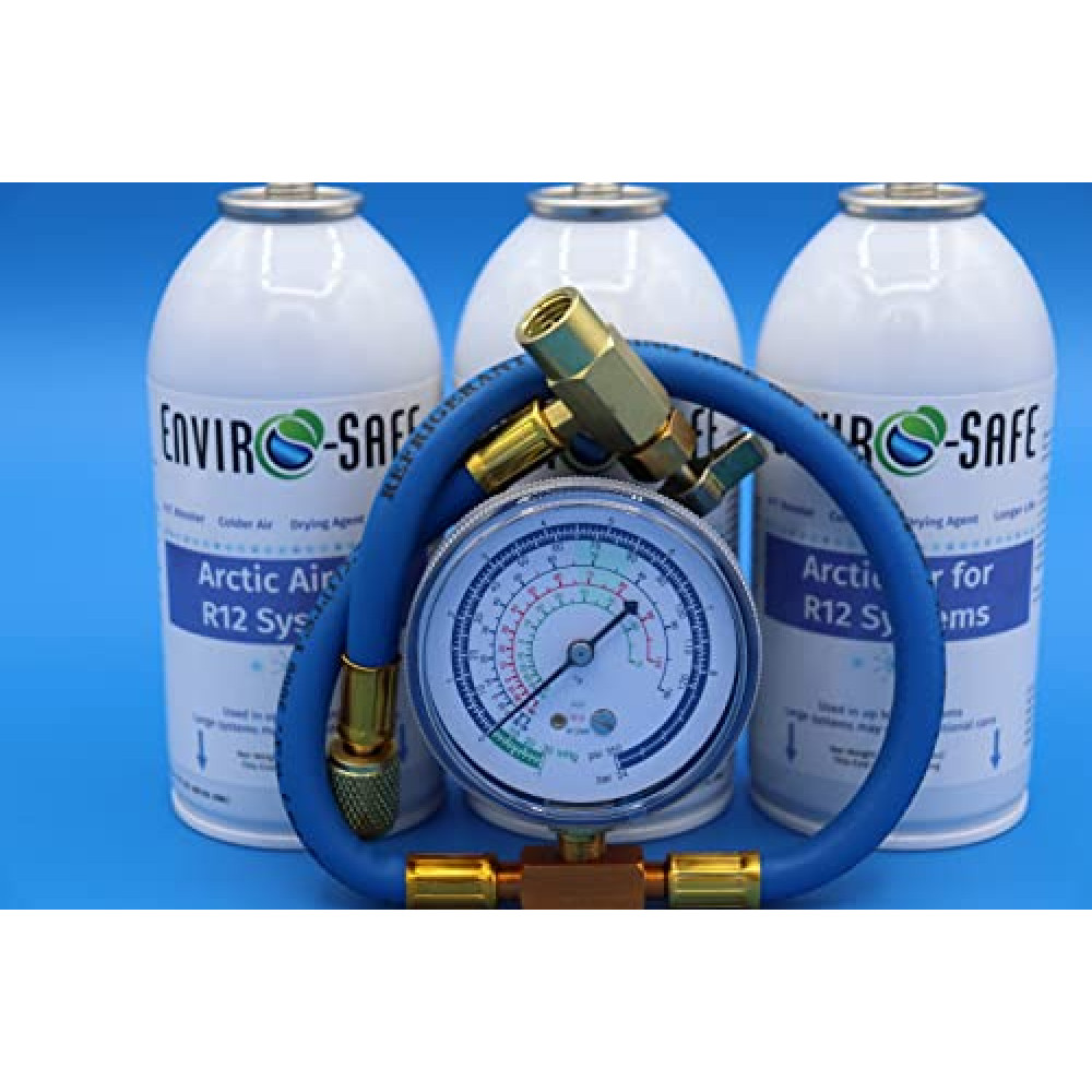 Generic Arctic Air for R12, 3 cans and a Brass Charging Gauge