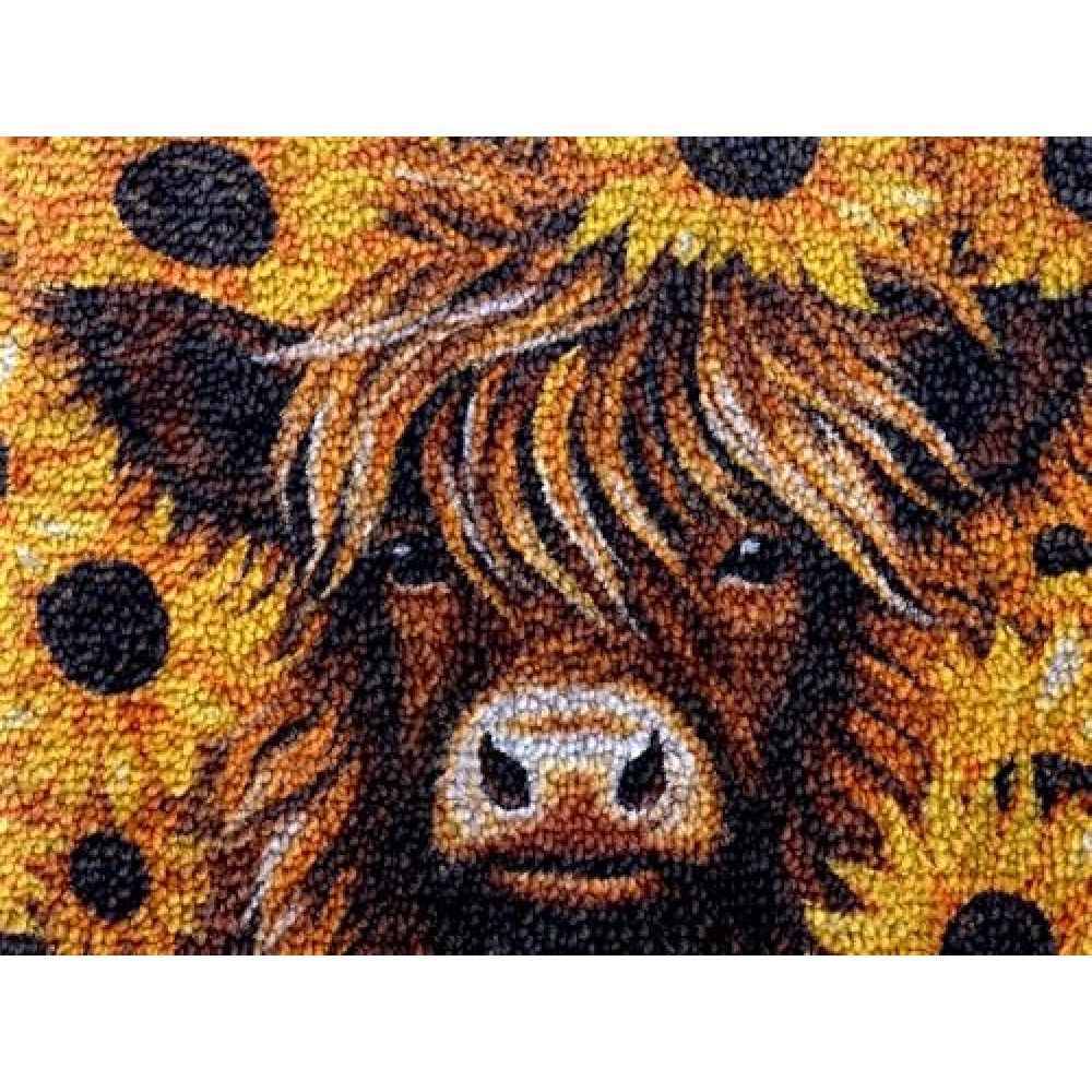 Generic Highland Cow & Sunflowers Latch Hook Kits Rug DIY Cushion Tapestry Making Crochet Hook Mat Making Kits Color Preprinted Pattern Canvas DIY Carpet Needlework Crochet Kits 52x38cm (d99-114)