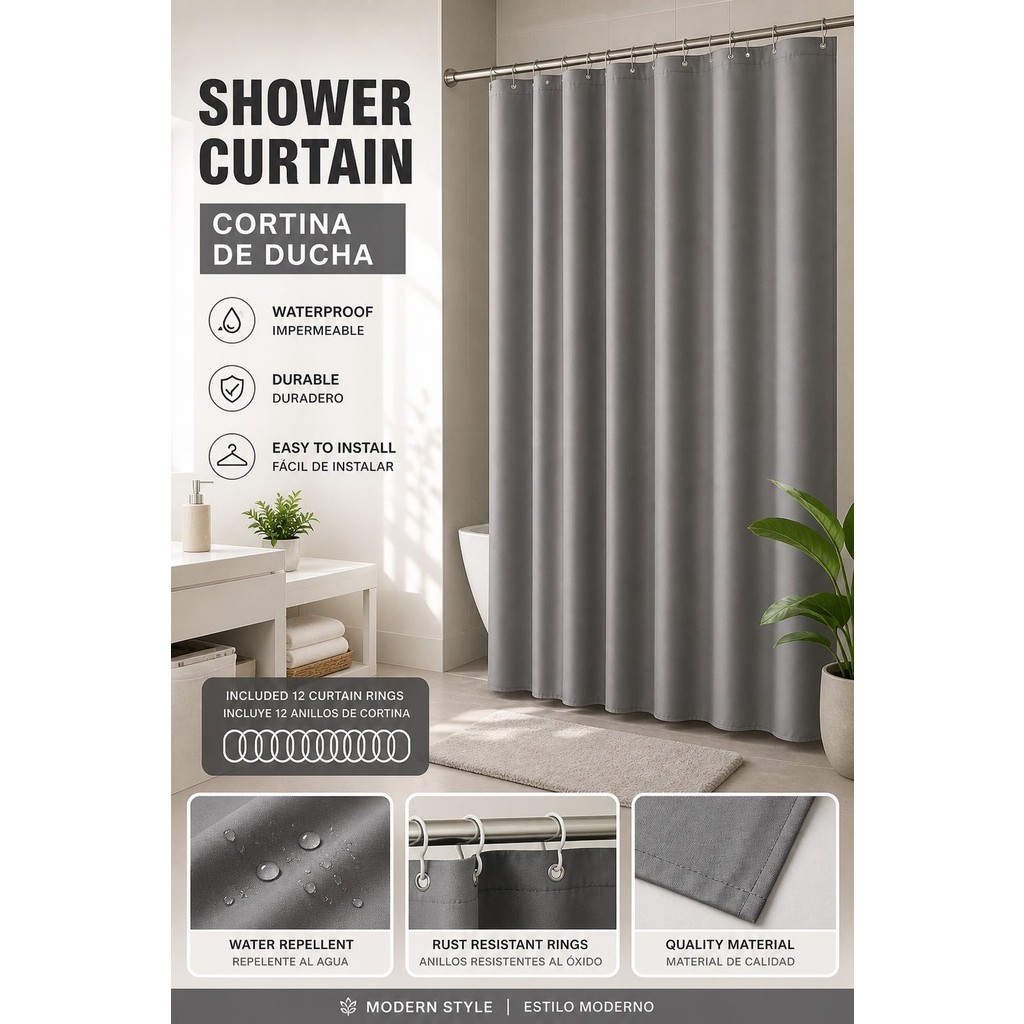 Generic Modern Duş Perdesi – Su Geçirmez Banyo Perdesi (180X180 Cm) - Antrasit - Gri - 180 x 180 cm Perde Fiyatı