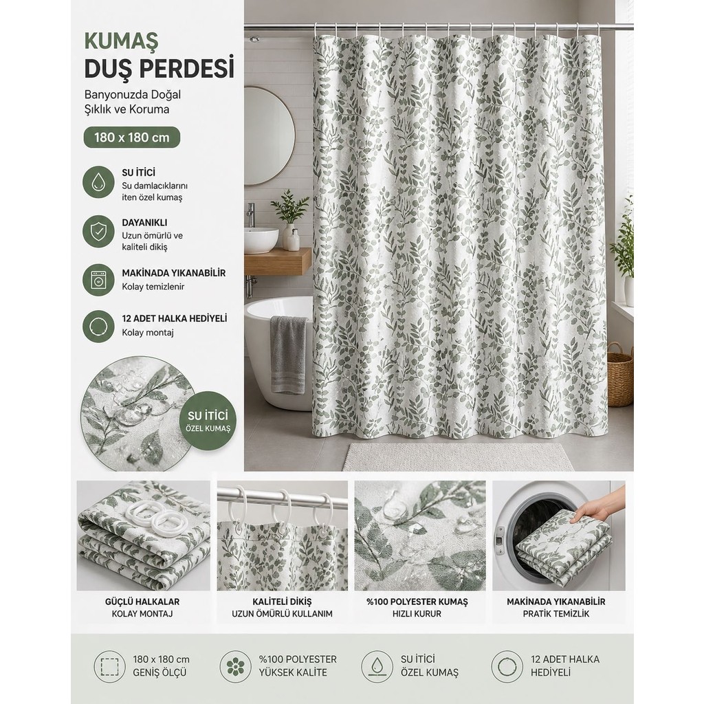Generic Yaprak Desenli Kumaş Duş Perdesi – Su Itici %100 Polyester - Adaçayı Yeşili - 180*180 Perde Fiyatı