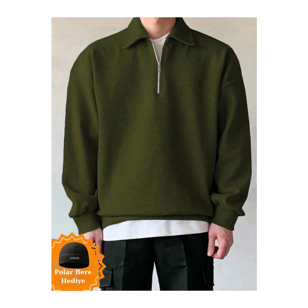 GENIUS STORE  Erkek Polo Yaka Oversize Sweatshirt Yarım Fermuar Sweatshirt 2XL Beden Bayan Sweatshirt Fiyatı