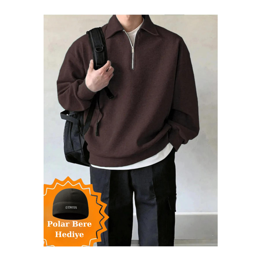 GENIUS STORE STORE Erkek Polo Yaka Oversize Sweatshirt Yarım Fermuar Sweatshirt L Beden Bayan Sweatshirt Fiyatı