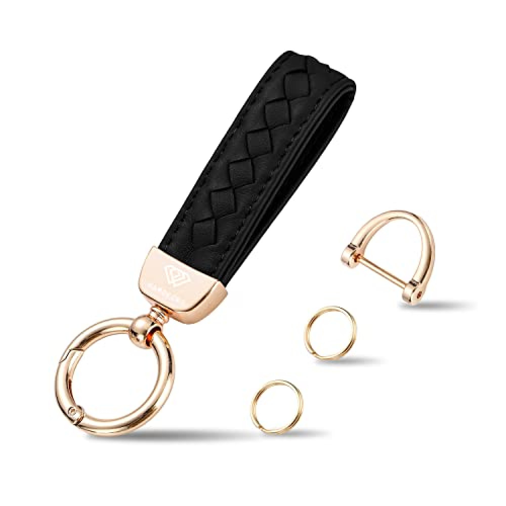 Genuine Leather Car Keychain, Handmade Knit Sheepskin Key chains for Women, Universal Key Fob Holder with 360 Degree Rotatable, Anti-Lost D-Ring, 2 Keyrings and 1 Screwdriver – Black