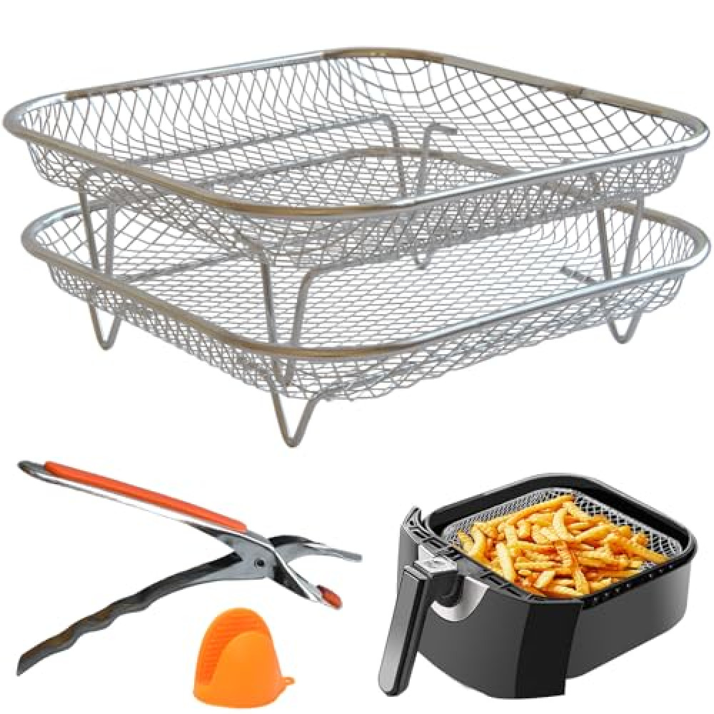 Geolinhome Dual-Layer Air Fryer Rack Set with Elevated and Regular Support Legs. 304 Stainless Steel Mesh Baskets, Versatile Use for Air Fryer, Steamer, Oven, Dishwasher Safe.