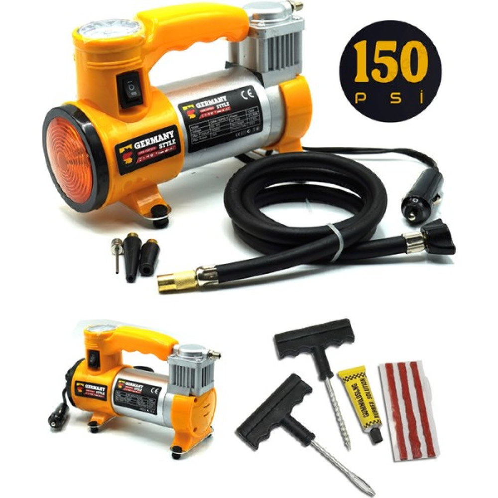 Germany Style 12 V Araba Oto Araç Lastik Şişirme Pompası 150 Psi Metal Gövde Kompresör Lastik Tamir Kiti Set Hava Kompresörü Fiyatı