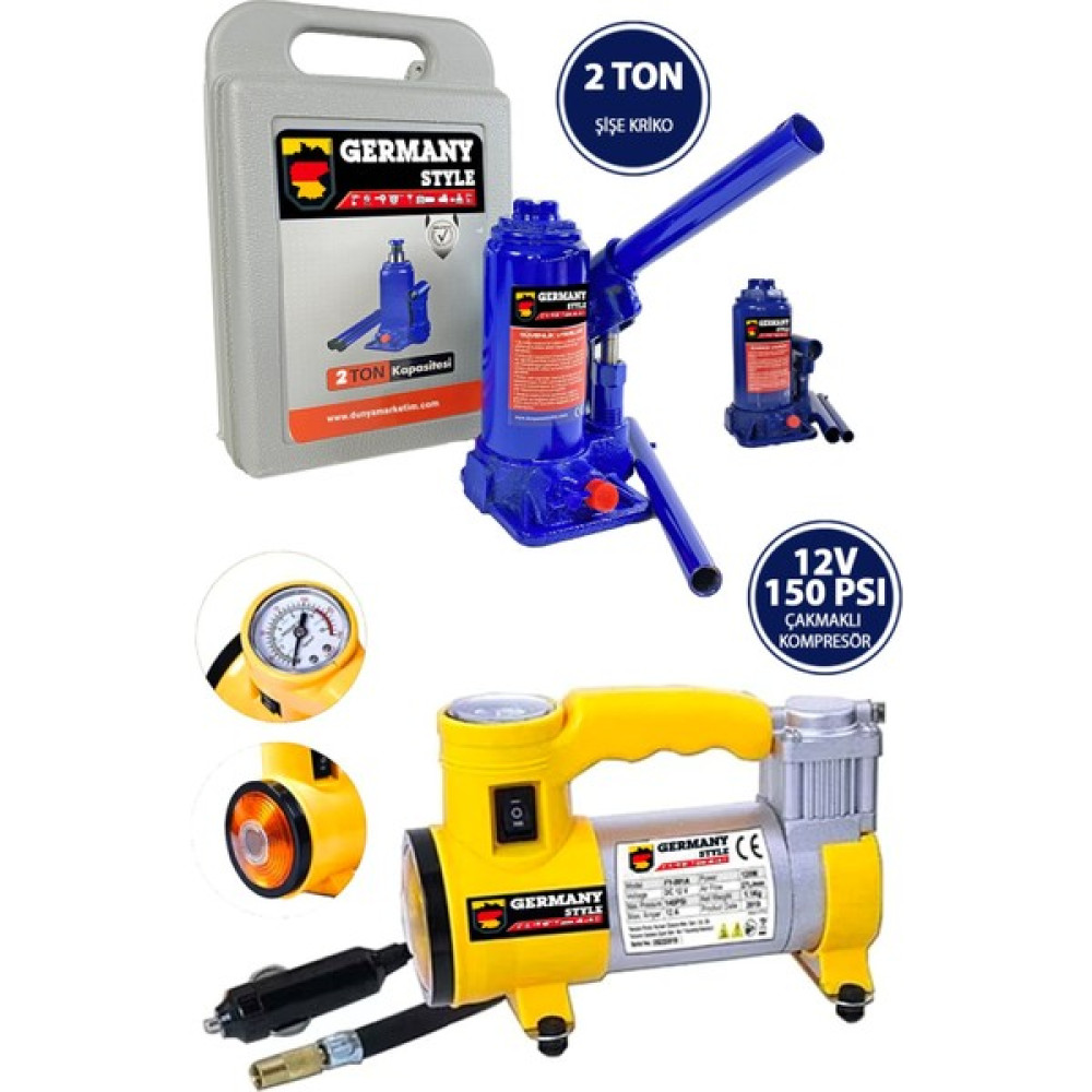 Germany Style 2 Ton Şişe Kriko ve 12 V 150 Psı Çakmaklı Araç Kompresörü Her Araçta Olması Gereken Set Hava Kompresörü Fiyatı