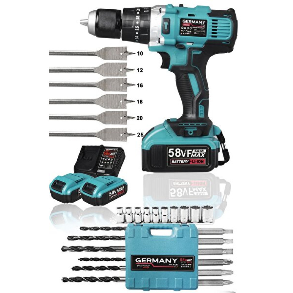 Germany Style 58 VF 5 Ah Li Sjs Çift Metal Şanzuman Metal Mandren Çift Akülü Şarjlı Matkap - 30 Parça Set Hediyeli Meyve Sıkacakları Fiyatı