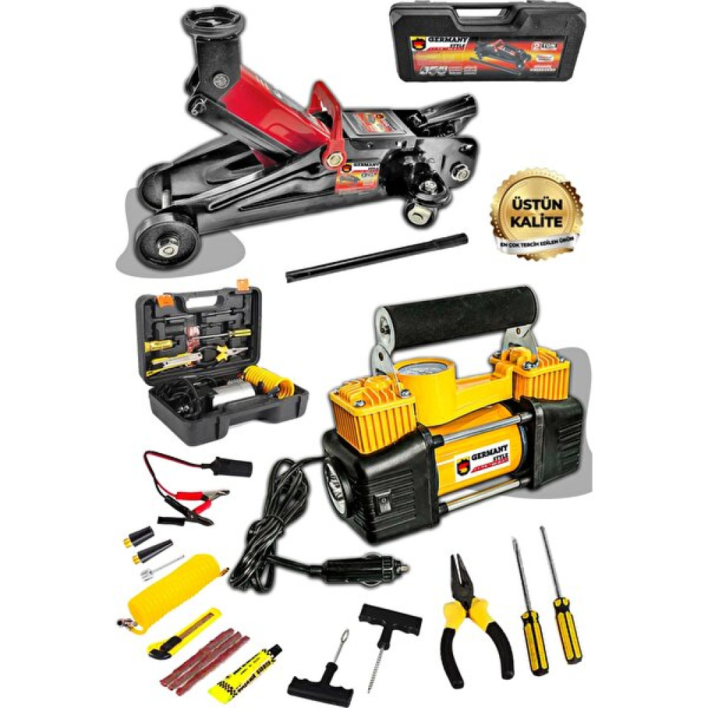 Germany Style Germany Stlye 2 Ton Timsah Kriko ve 150 Psı Çift Piston Çakmaklı Kompresör Lastik Tamir Kiti Hava Kompresörü Fiyatı