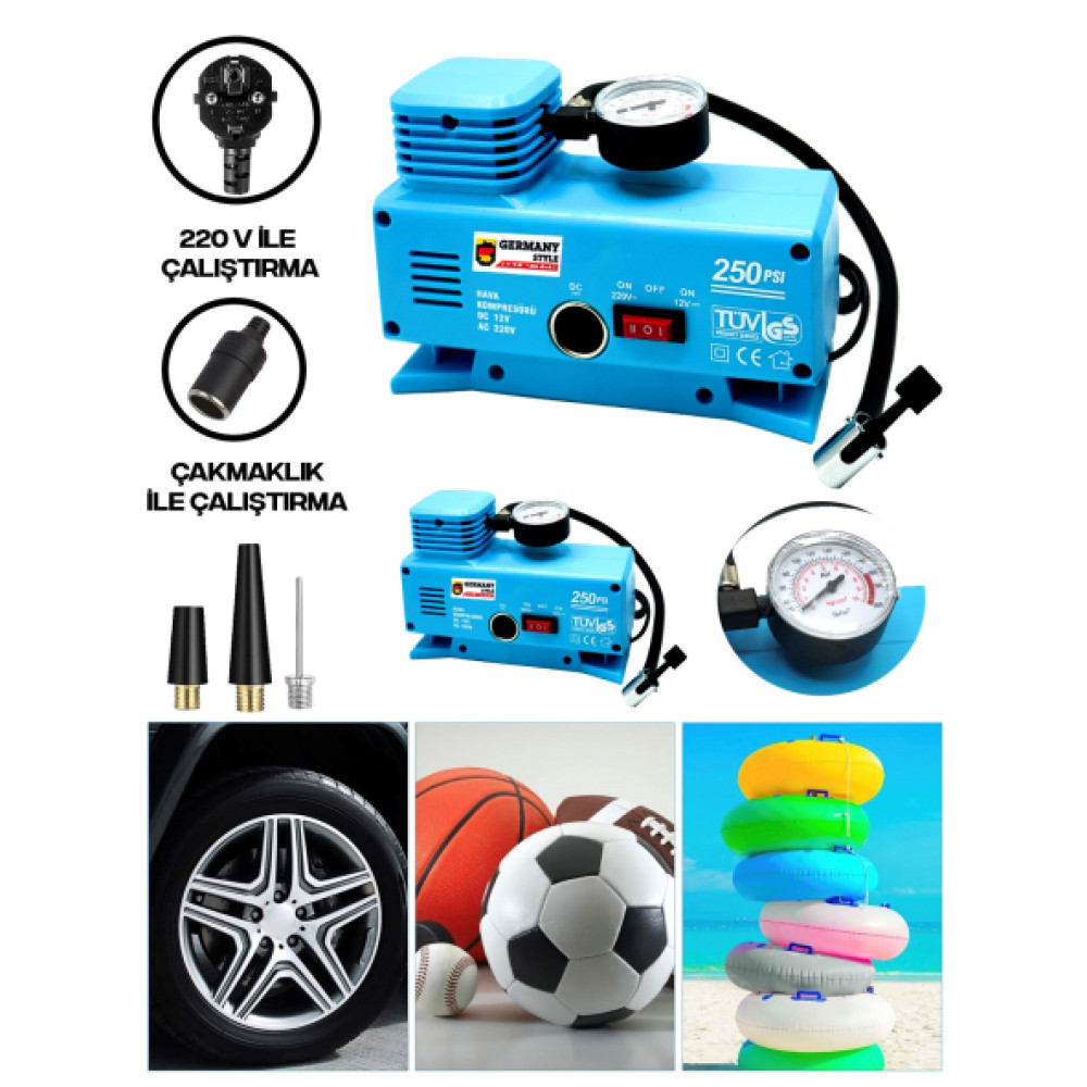 Germany Style Sega 220 Volt-12 Volt 250 Psi Psi Kompresor Lastik Hava Sisirme Oto Pompasi Hava Kompresörü Fiyatı
