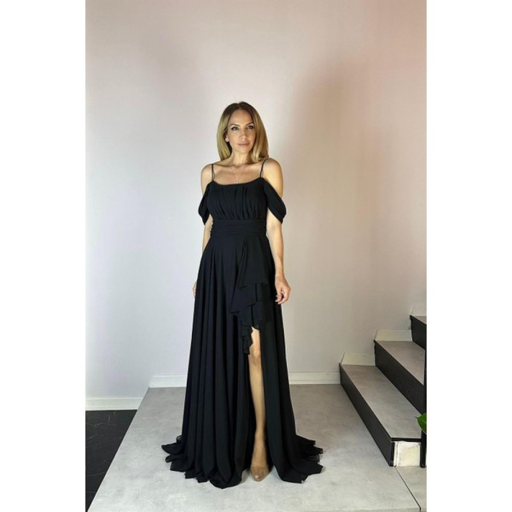 Ges Moda G0507 Drape ve Volan Detaylı Şifon Maksi Abiye Elbise Siyah Elbise Fiyatı