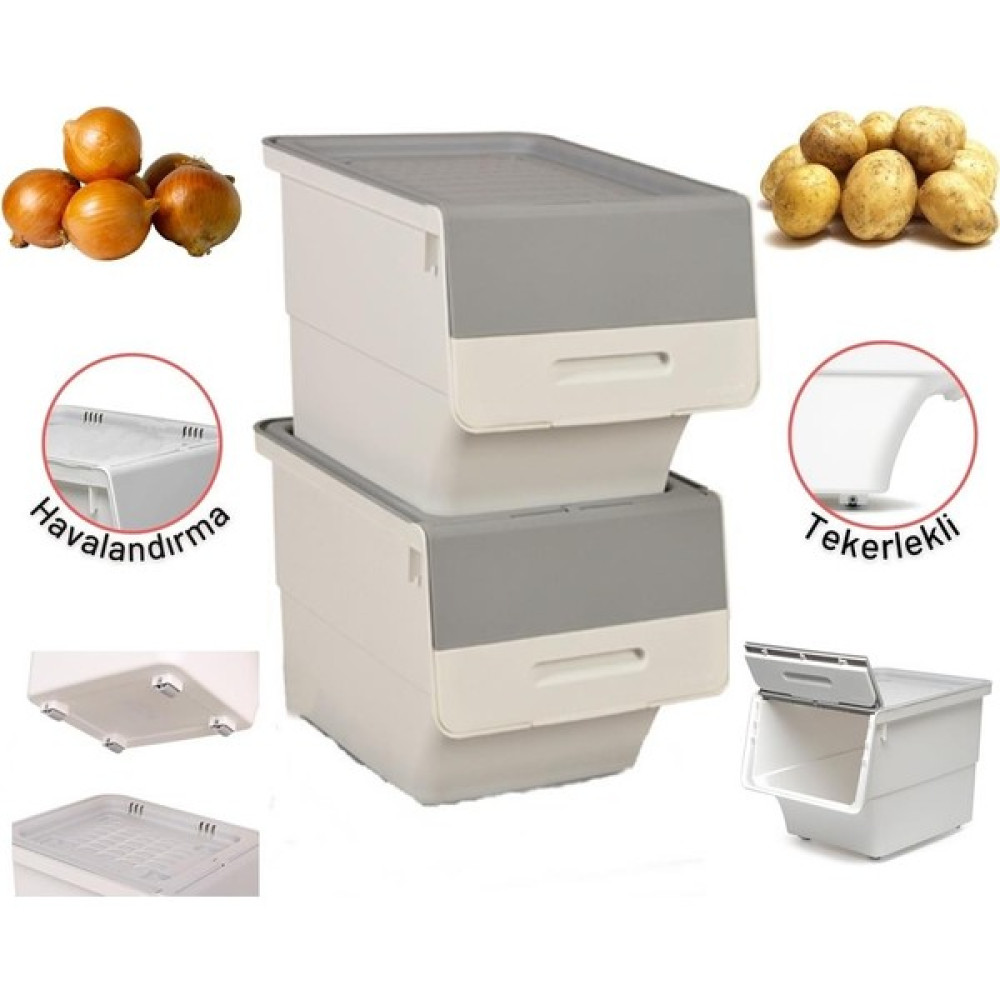Geseus Motek Tekerlekli Patateslik Soğanlık Oyuncak Kutusu Patateslik Soğanlık Sepeti 2X12LT Beyaz+Gri Saklama Kapları Fiyatı