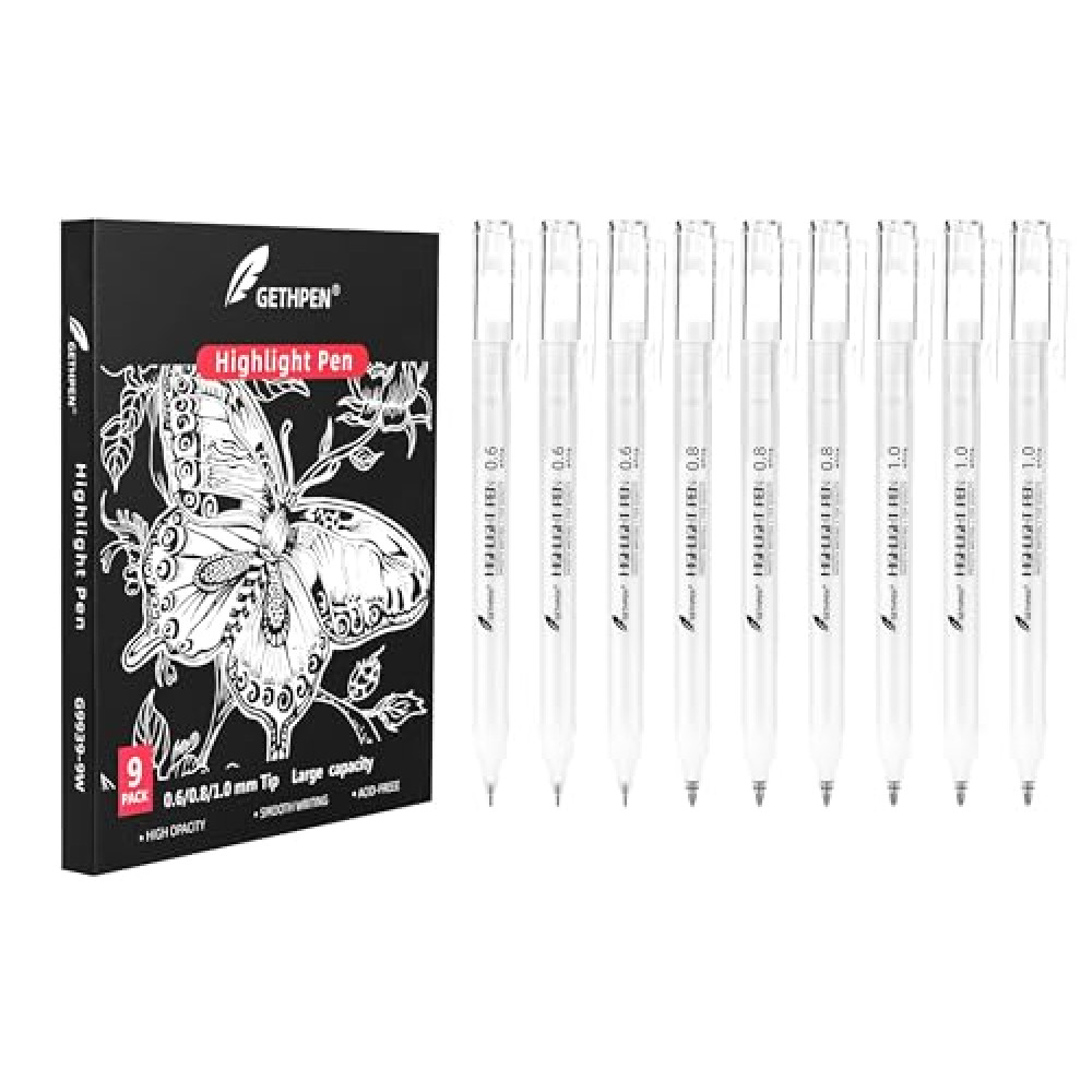 GETHPEN White Gel Pens - Fine, Medium & Bold Tip Ink Pens for Journaling, Art, or Drawing- For Holiday Gifts & DIY Projects - White Ink, Archival Ink Pens -0.6/0.8/1.0 Assorted Tip Sizes -9 Pack