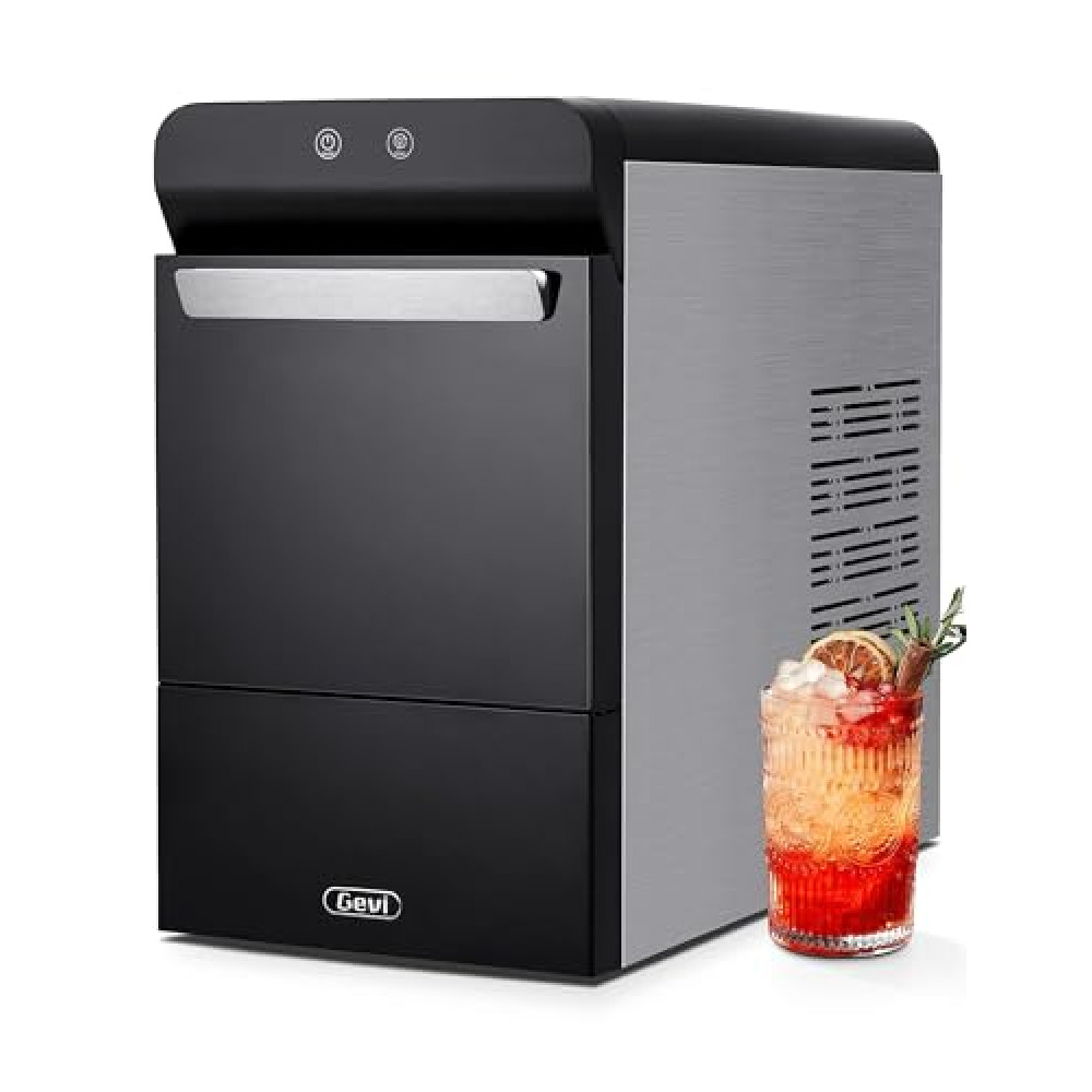 Gevi Household V2.0 Countertop Gemi Nugget Ice Maker | Self-Cleaning Pellet Ice Machine | Open and Pour Water Refill | Stainless Steel Housing | Fit Under Wall Cabinet | Black