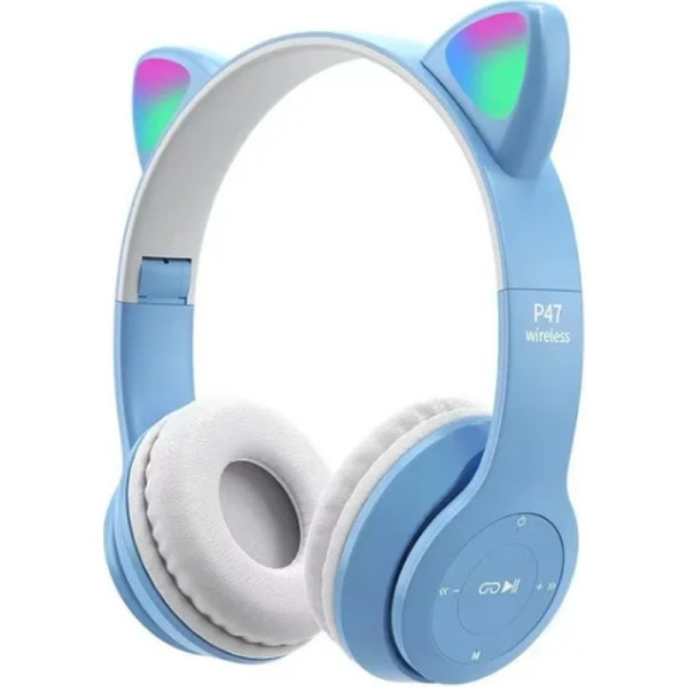 Gevrek Techs Bluetooth Kedi Kulaklık Katlanabilir Sd Kart Girişli Mikrofonlu Kablosuz LED Işıklı Kulaklık P47M - Mavi Kulak Üstü Kulaklık Fiyatı