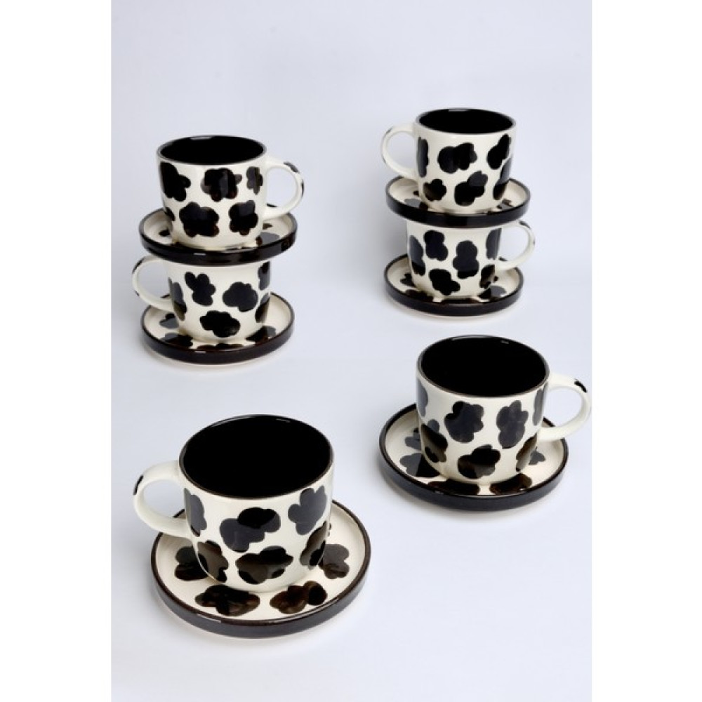 Gezdikçe Bilelim 6'lı Inek Desenli Tabaklı Double Seramik El Yapımı Kupa, Seramik Kupa, Handmade, Kahve Kupası - 6 Adet - Beyaz - 200 ml Fincan / Bardak / Kahve Takımı Fiyatı