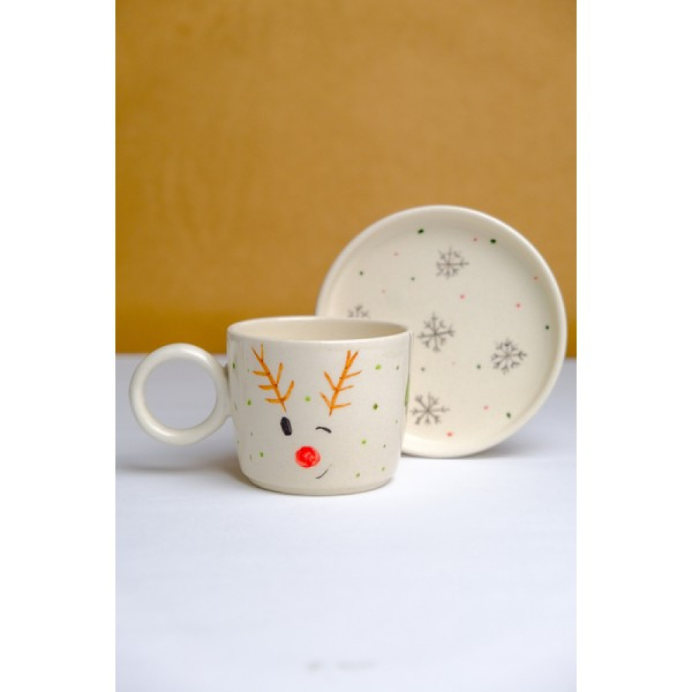 Gezdikçe Bilelim Geyikli Yılbaşı Desenli Tabaklı Double Seramik El Yapımı Kupa, Seramik Kupa, Handmade, Kahve Kupası - 1 Adet - Beyaz - 200 ml Fincan / Bardak / Kahve Takımı Fiyatı