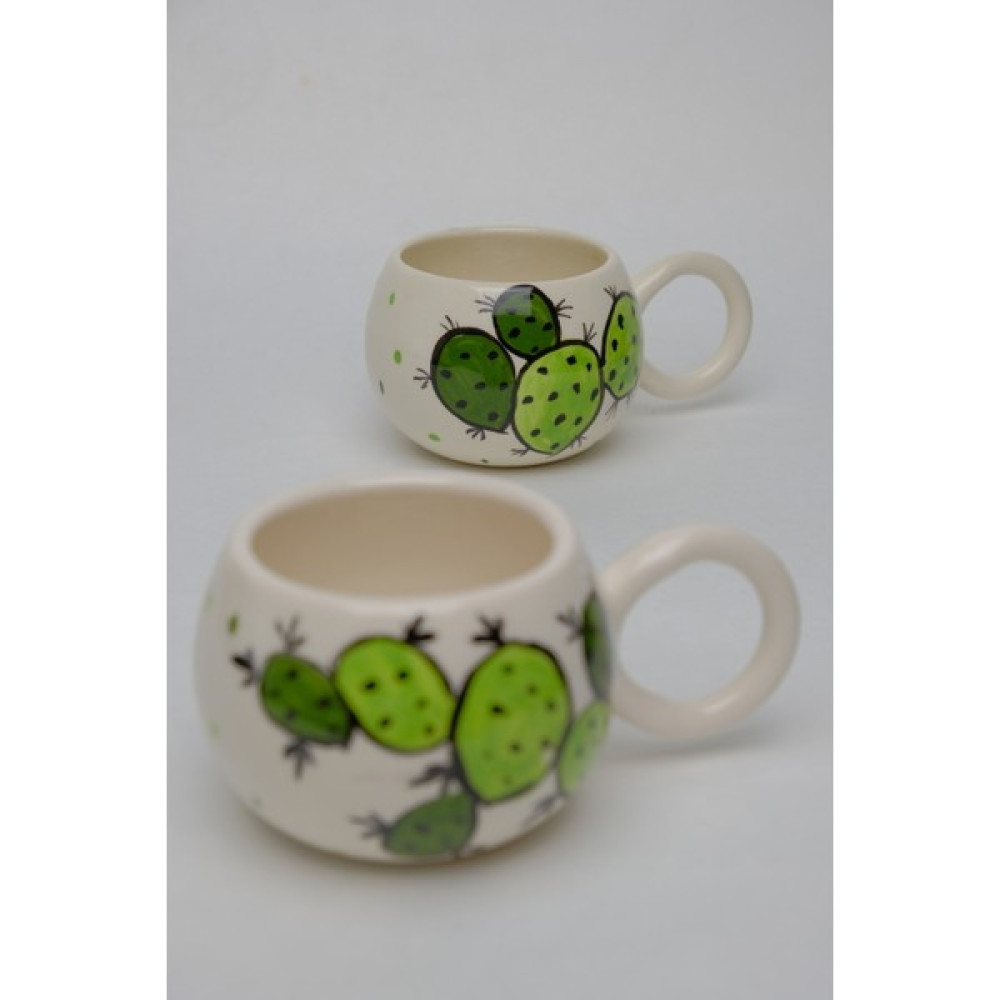 Gezdikçe Bilelim Kaktüs Desenli Yuvarlak El Yapımı Seramik Kupa, Seramik Kupa, Mug, Nescafe Kupası, Handmade - 1 Adet - Beyaz - 200 ml Fincan / Bardak / Kahve Takımı Fiyatı