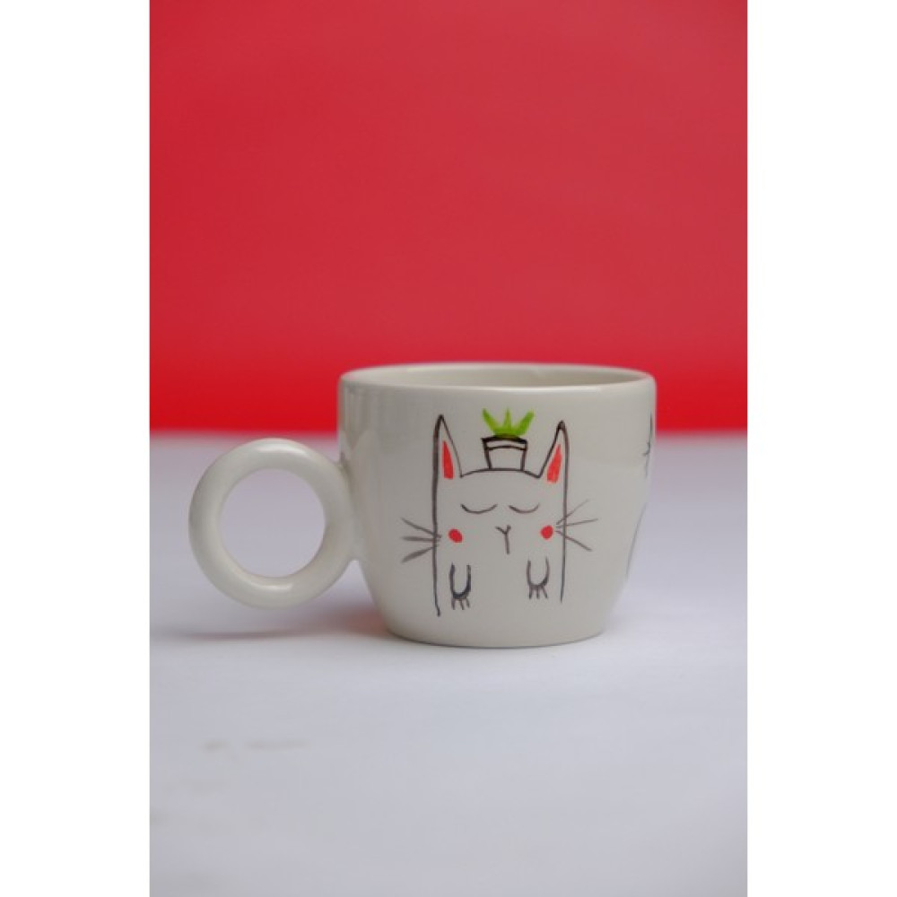 Gezdikçe Bilelim Kedi Desenli Double El Yapımı Seramik Kupa, Seramik Kupa, Mug, Nescafe Kupası, Handmade - 1 Adet - Beyaz - 200 ml Fincan / Bardak / Kahve Takımı Fiyatı