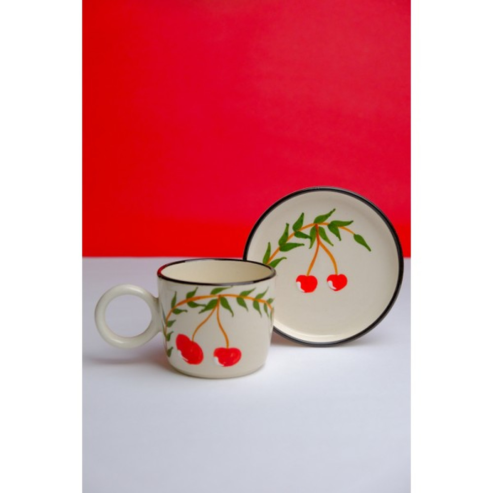 Gezdikçe Bilelim Kiraz Desenli Tabaklı Double Seramik El Yapımı Kupa, Seramik Kupa, Handmade, Kahve Kupası - 1 Adet - Beyaz - 200 ml Fincan / Bardak / Kahve Takımı Fiyatı