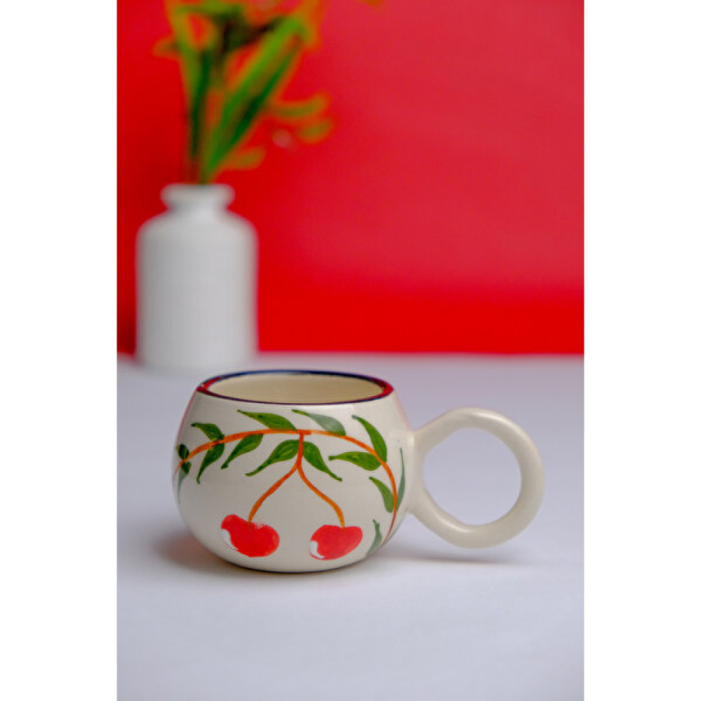 Gezdikçe Bilelim Kiraz Desenli Yuvarlak Double El Yapımı Seramik Kupa, Seramik Kupa, Mug, Nescafe Kupası, Handmade - 1 Adet - Beyaz - 200 ml Fincan / Bardak / Kahve Takımı Fiyatı