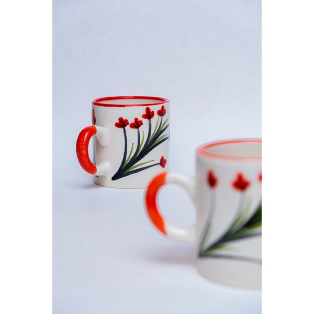 Gezdikçe Bilelim Kırmızı Çiçek Desenli El Yapımı Seramik Kupa, Seramik Kupa, Mug, Nescafe Kupası, Handmade - 1 Adet - Beyaz - 200 ml Fincan / Bardak / Kahve Takımı Fiyatı