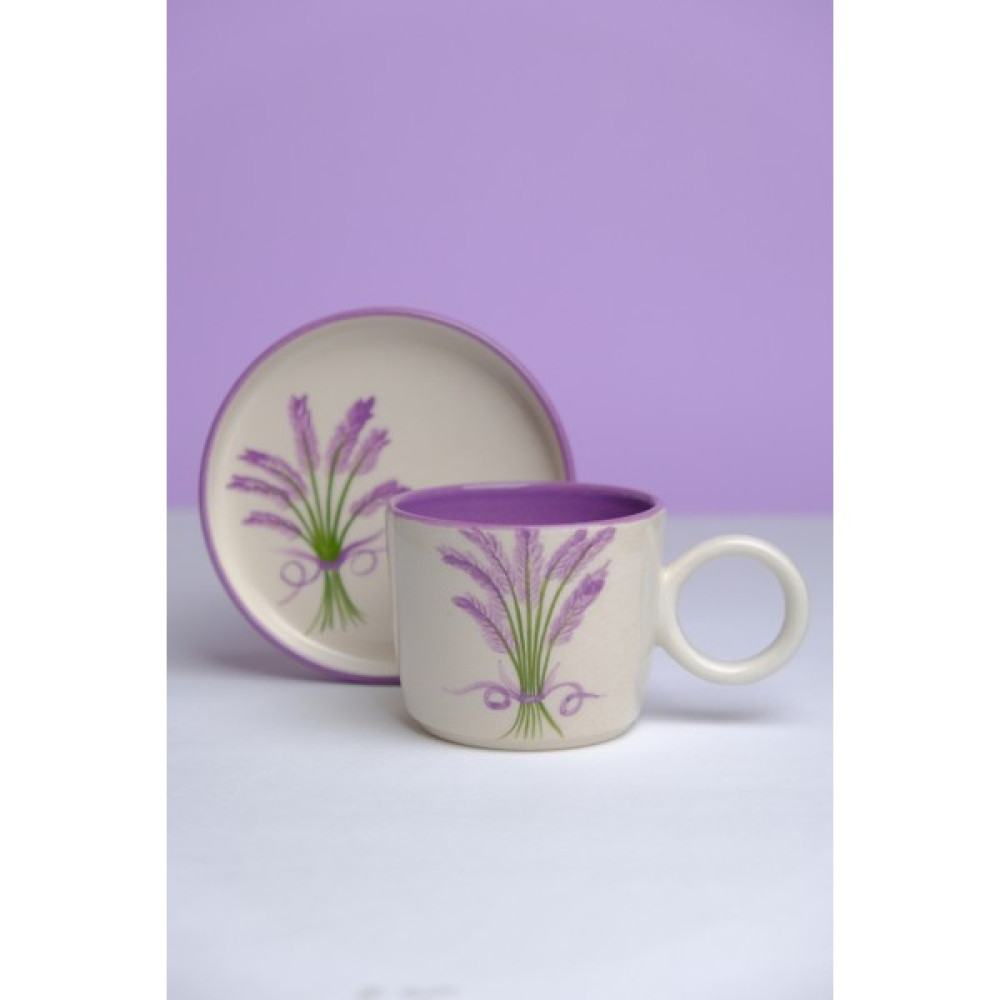 Gezdikçe Bilelim Lavanta Buketi Desenli Tabaklı Double Seramik El Yapımı Kupa, Seramik Kupa, Handmade, Kahve Kupası - 1 Adet - Beyaz - 200 ml Fincan / Bardak / Kahve Takımı Fiyatı