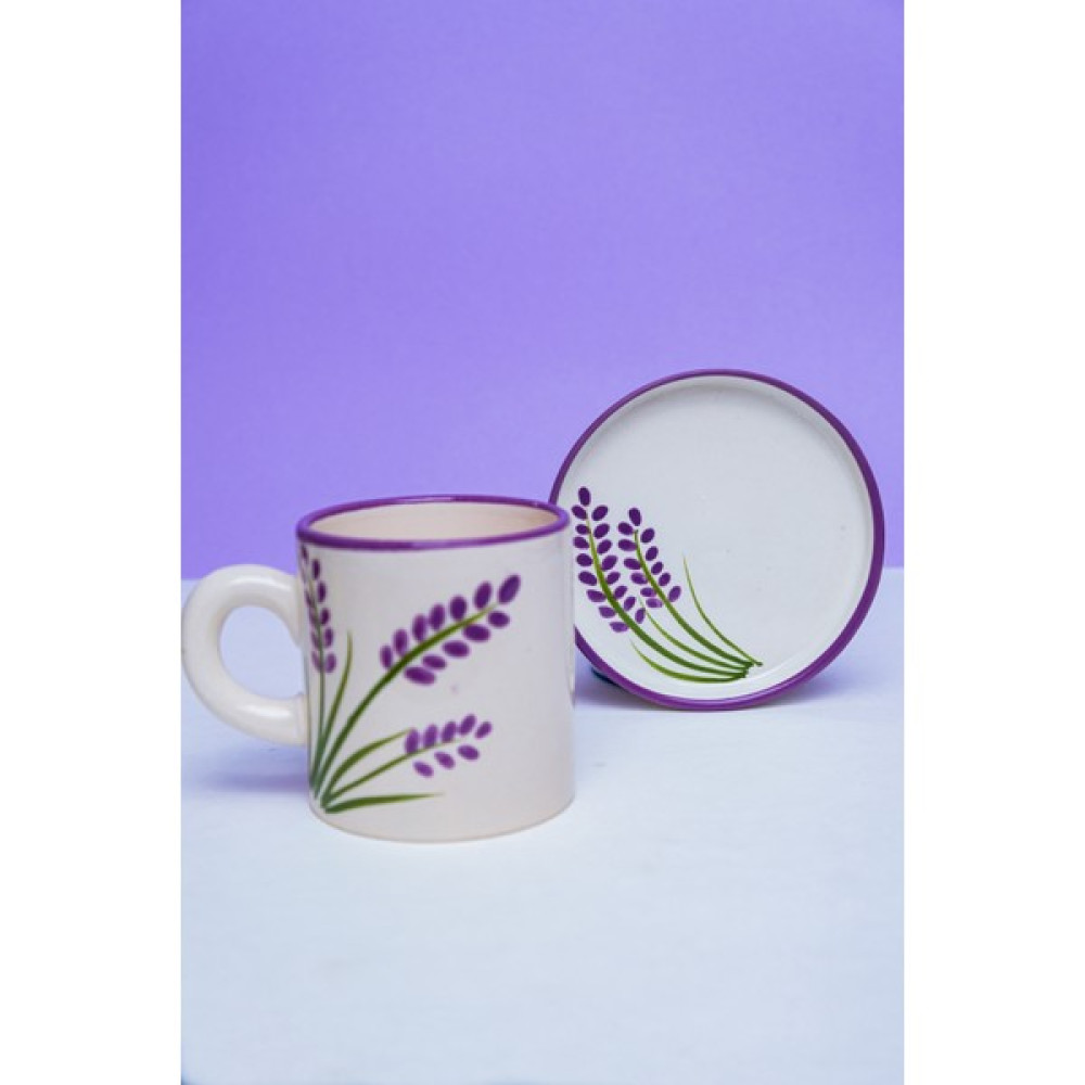 Gezdikçe Bilelim Lavanta Desenli Tabaklı Seramik El Yapımı Kupa, Seramik Kupa, Handmade, Kahve Kupası - 1 Adet - Beyaz - 200 ml Fincan / Bardak / Kahve Takımı Fiyatı