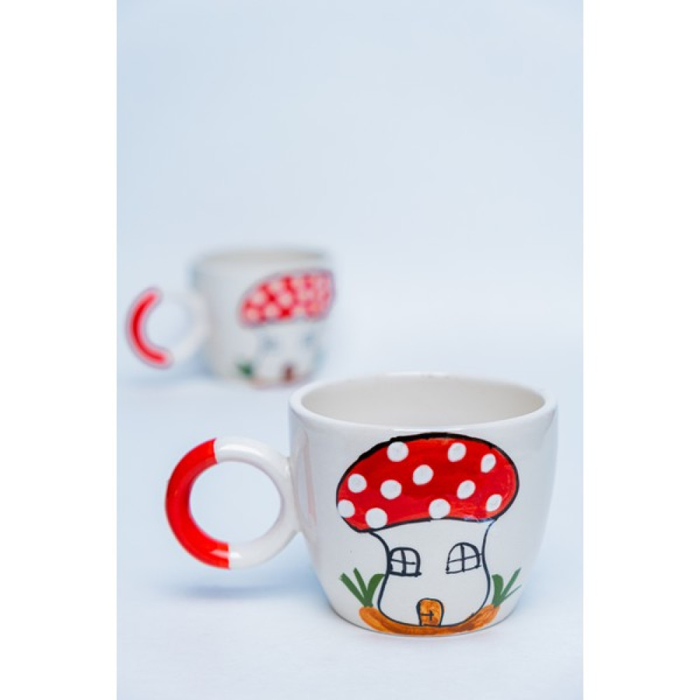 Gezdikçe Bilelim Mantar Ev Desenli Double El Yapımı Seramik Kupa, Seramik Kupa, Mug, Nescafe Kupası, Handmade - 1 Adet - Beyaz - 200 ml Fincan / Bardak / Kahve Takımı Fiyatı